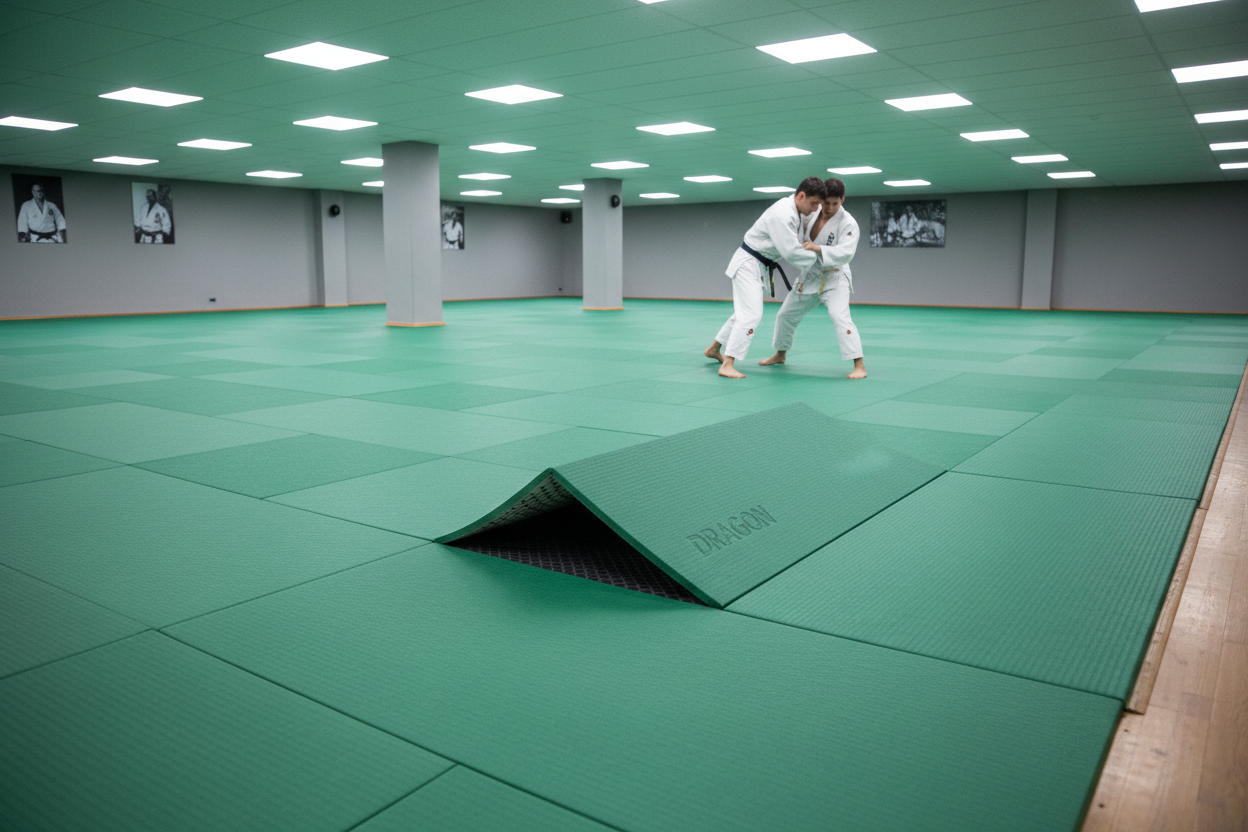 Dies ist die Beschreibung des Produkt: Judomatte Traditional 100x100x4 cm / GRĂśN
Judomatten "DRAGON", ca. 100x100x4 cm, Vinylbezug mit Reisstrohprägung Unterseite Antirutschbeschichtung (Waffelmuster) mittelhart ca. 230 kg/cbm.
Qualität auf gutem Standard!
Die ideale Judomatte fĂĽr den normalen Trainings- und Wettkampfbetrieb, preiswert - haltbar - schnell geliefert.
Erstelle ein fĂĽr Fachkunden ansprechendes Bild, auf dem eine solche Matte in einem Trainingsraum verwendet wird.