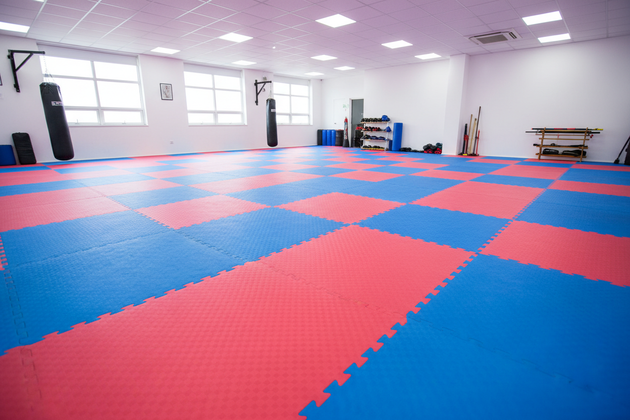 Erstelle eine Szene aus einem Kampfsport-Trainingsraum mit diesem Produkt: Kampfsportmatten Wendematte BUDODRAKE, 100 x 100 x 2cm / rot-blau, verzahnt
https://trainingsmatten24.de/Kampfsportmatten-Wendematte-BUDODRAKE-/-100-x-100-x-2cm-/-rot-blau